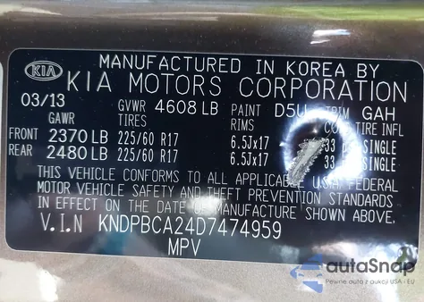 2013 Kia Sportage Lx z USA, uszkodzony, nr VIN KNDPBCA24D7474959